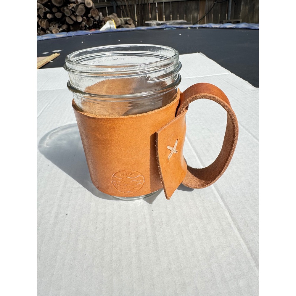 VTG Fresh Leather Mason Jar Sleeve with Handle & Glass Jar Tan Rustic Drinkware‎